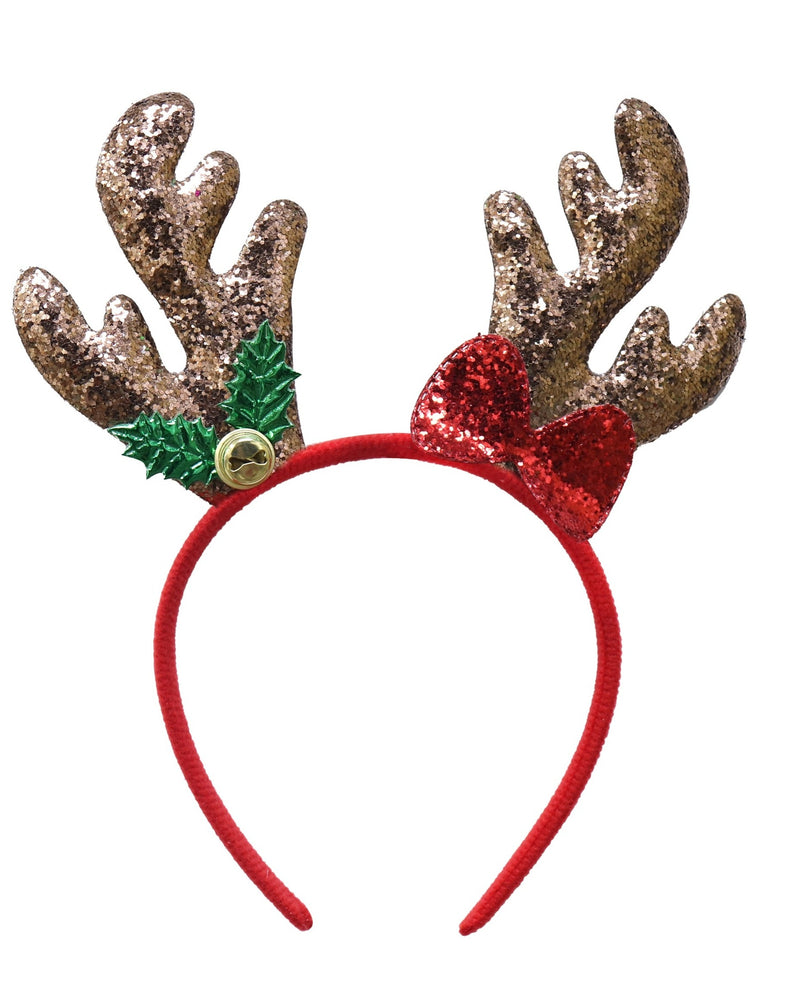 HEADBAND GLITTER ANTLERS w/HOLLY BOW