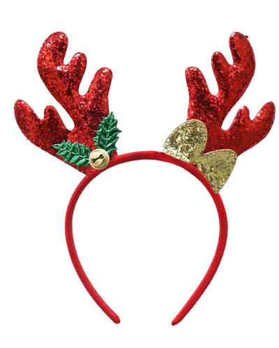 HEADBAND GLITTER ANTLERS w/HOLLY BOW