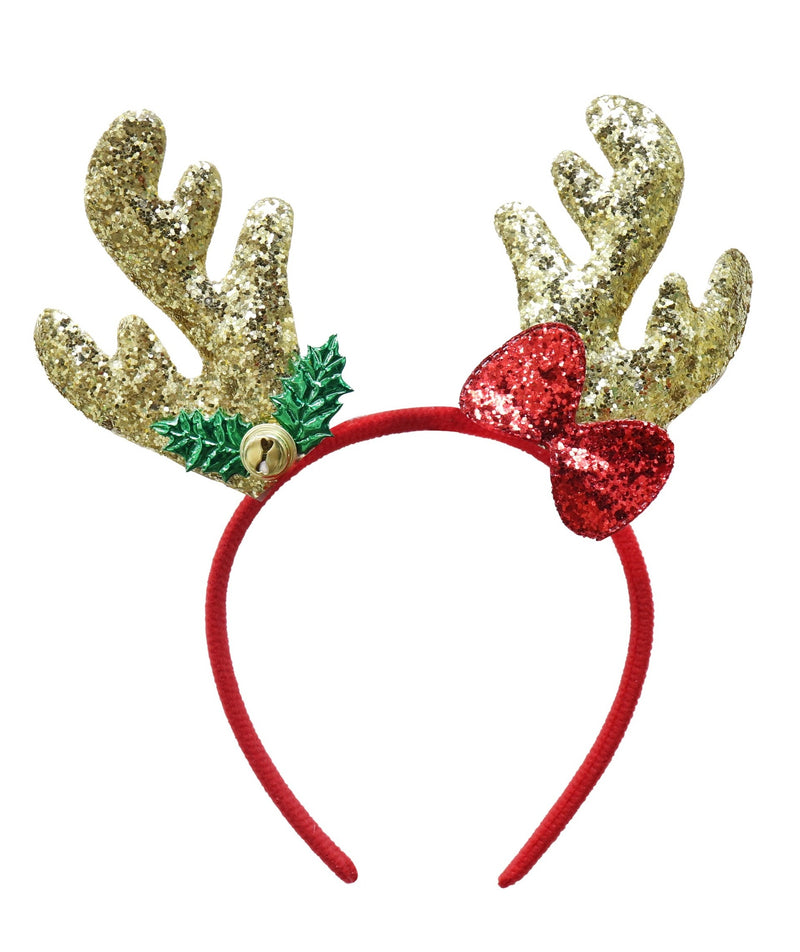 HEADBAND GLITTER ANTLERS w/HOLLY BOW